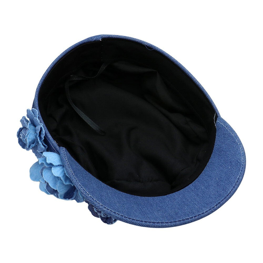 Women's Denim Beret Hat with Embroidered Flowers Chic Casual French Style Caps