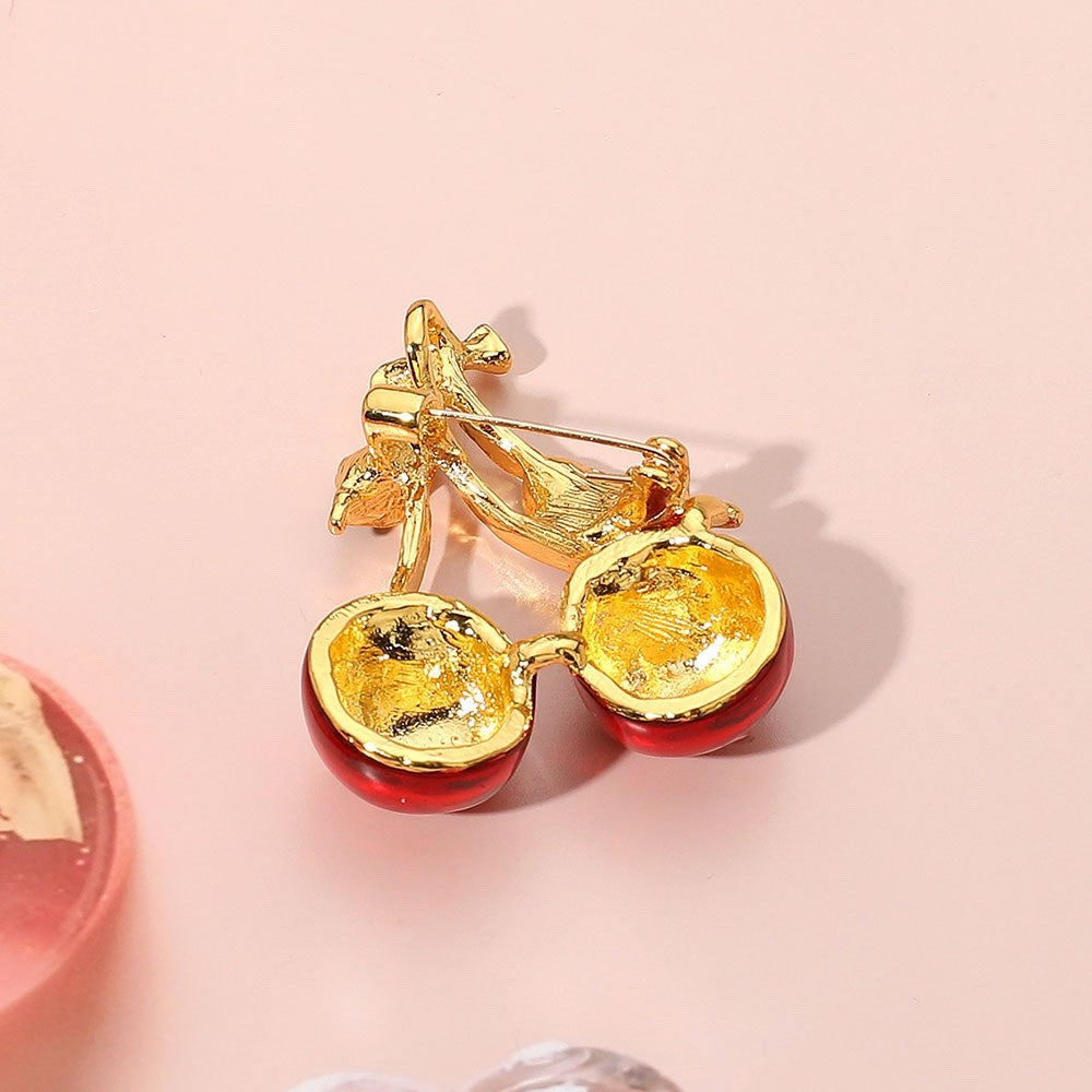 2pc Red Enamel Cherry Fruit Gold Brooch Pin Set - High Shine Vintage Style