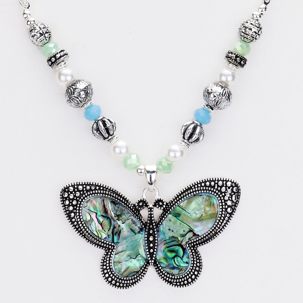 Butterfly Abalone Shell Necklace Earring Set Silver Tone Beaded Jewelry 17"