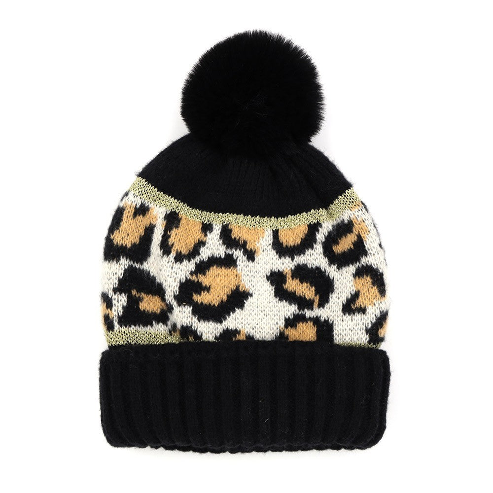 Leopard Patterned Cuffed Beanie Hat Black One Size 100% Polyester with Pom Pom