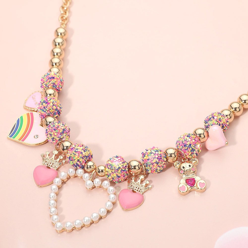 Girls' Gold Charm Necklace with Pink Hearts, Rainbows, & Teddy Bear – Adjustable