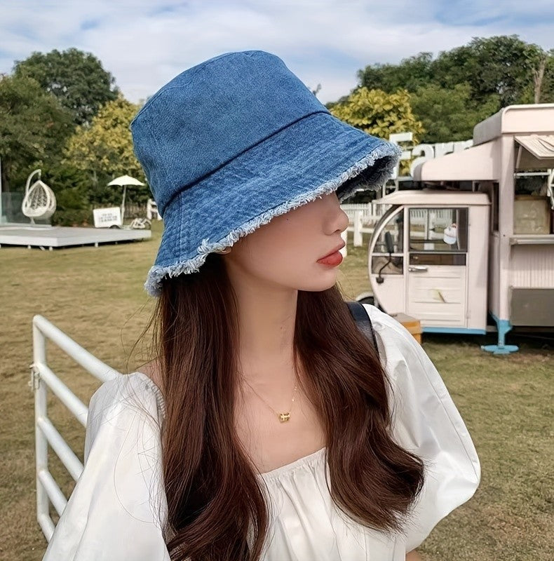 Women's Denim Bucket Hat Frayed Brim Summer Sun Cap Fisherman Blue Jeans