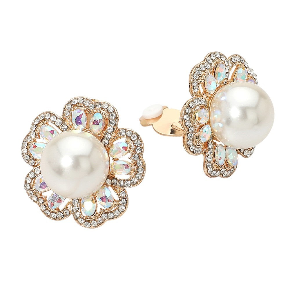Floral Faux Pearl Crystal Clip-On Earrings - Elegant Iridescent Brid