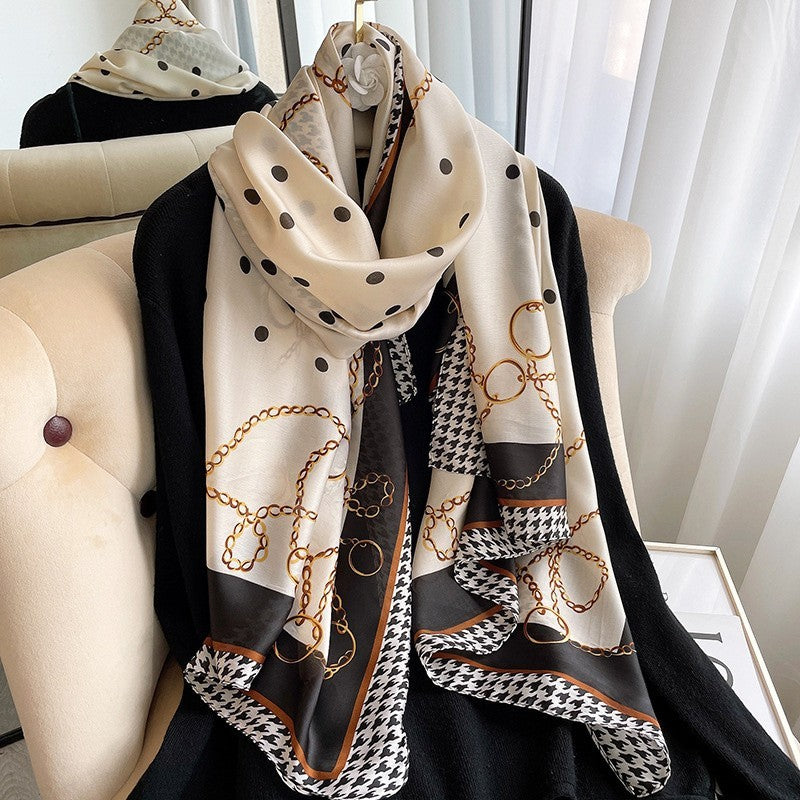 Elegant Scarf Women's Silk Feel Polka Dot Chain Houndstooth Print Shawl Wrap