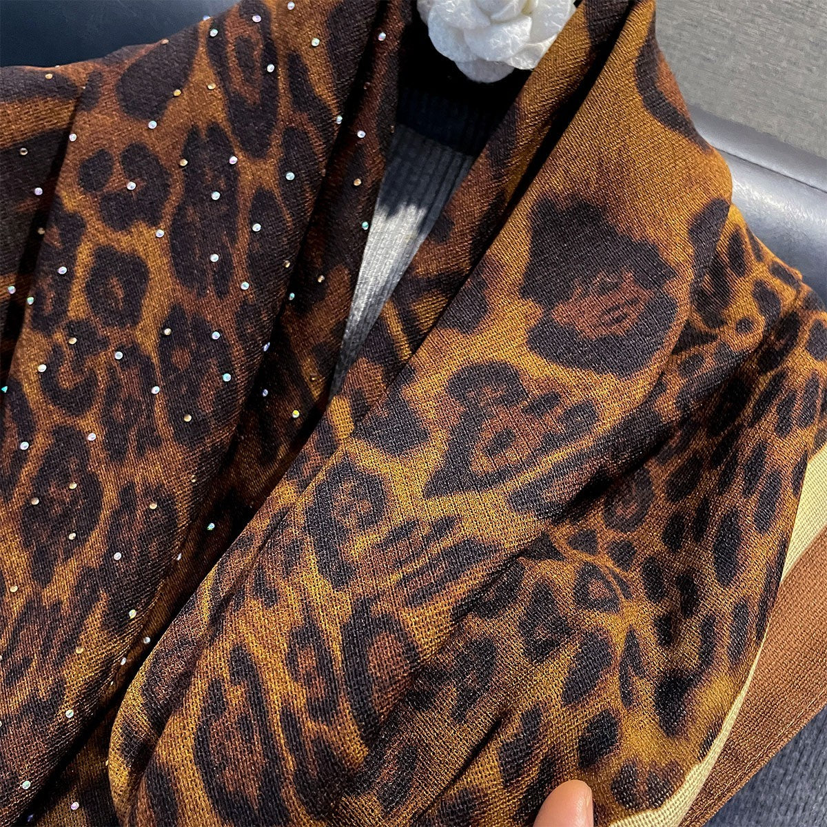 Leopard Print Rhinestone Tassel Shawl Wrap Oversized Scarf Luxury Sparkle
