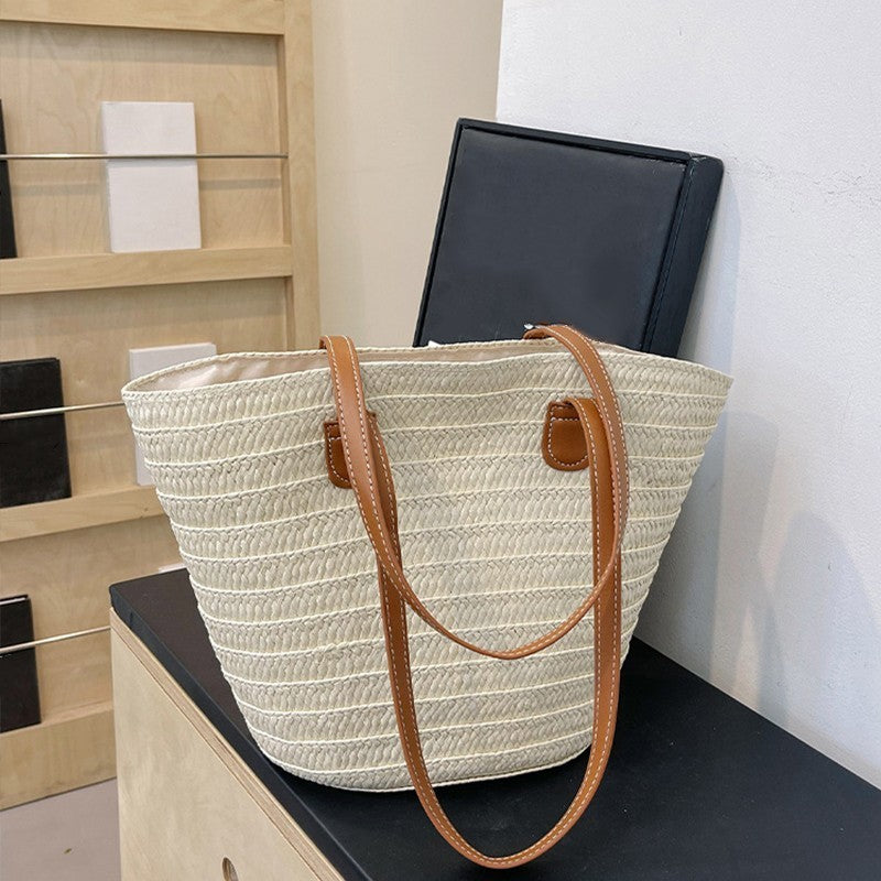 Women’s Large Capacity Paper  Woven Shoulder Bag Summer Basket Handbag Beige