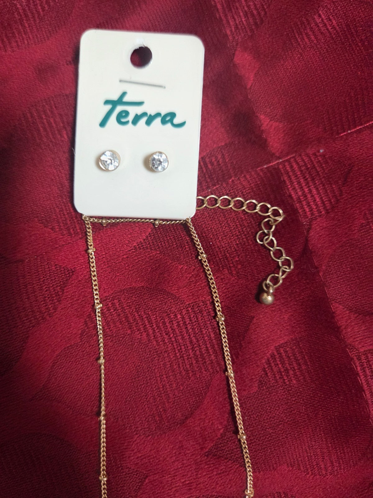 Boho Gold Chain Necklace with Turquoise Horn Pendant & Crystal Stud Earrings Set