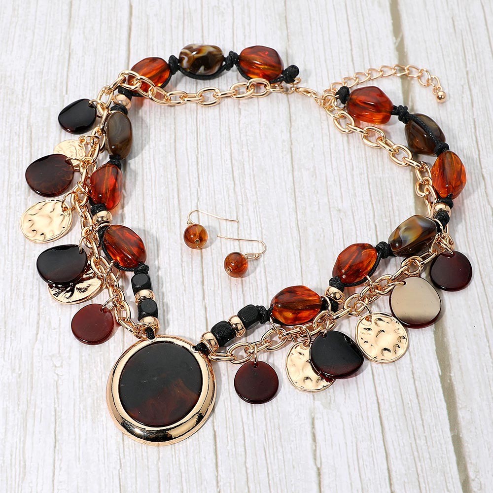 Boho Statement Necklace Earring Set Amber Brown Beads Gold Tone Charm Layered