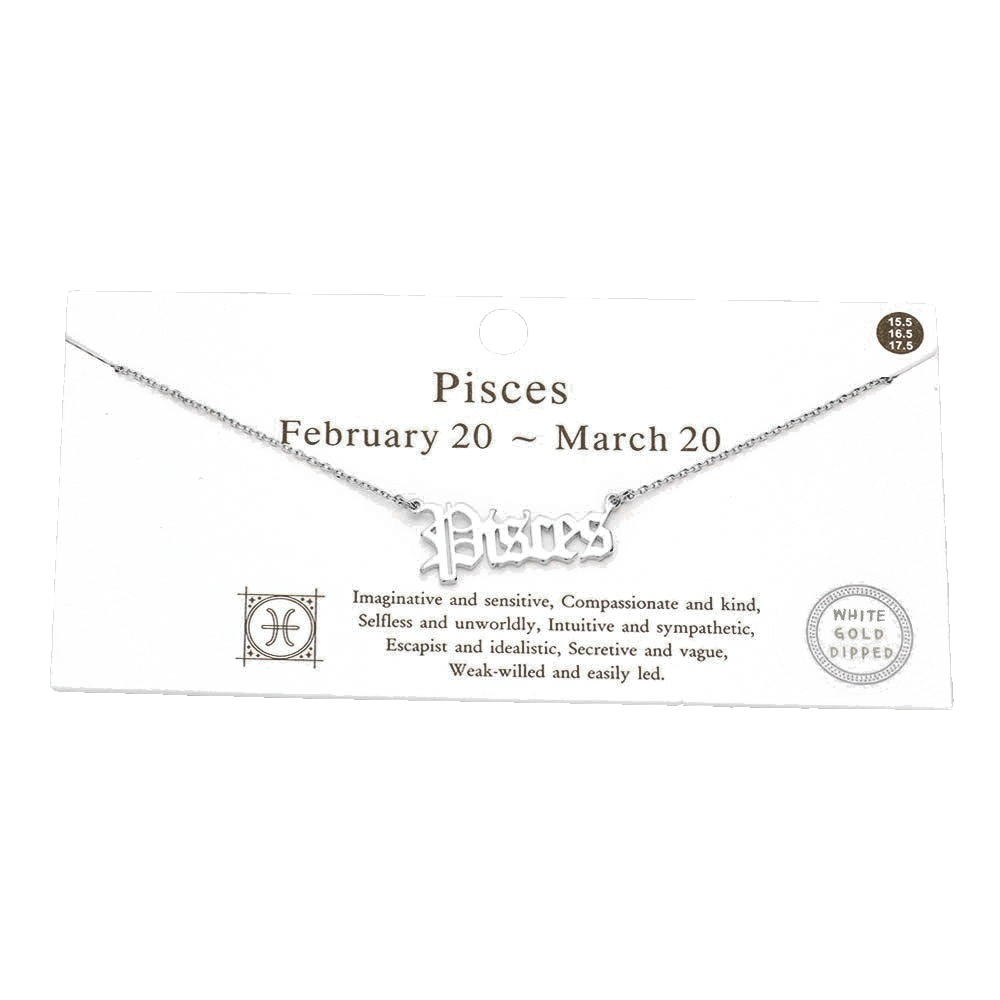 Pisces White Gold Dipped Zodiac Name Pendant Necklace for Women Silver Tone