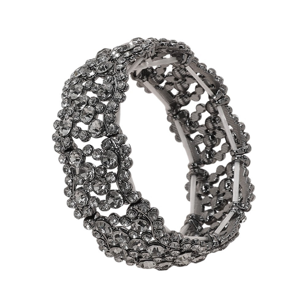 Gunmetal Crystal Stretch Bracelet Stone Paved Wavy Design for Evening Wear