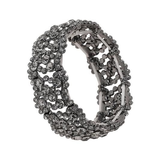 Gunmetal Crystal Stretch Bracelet Stone Paved Wavy Design for Evening Wear