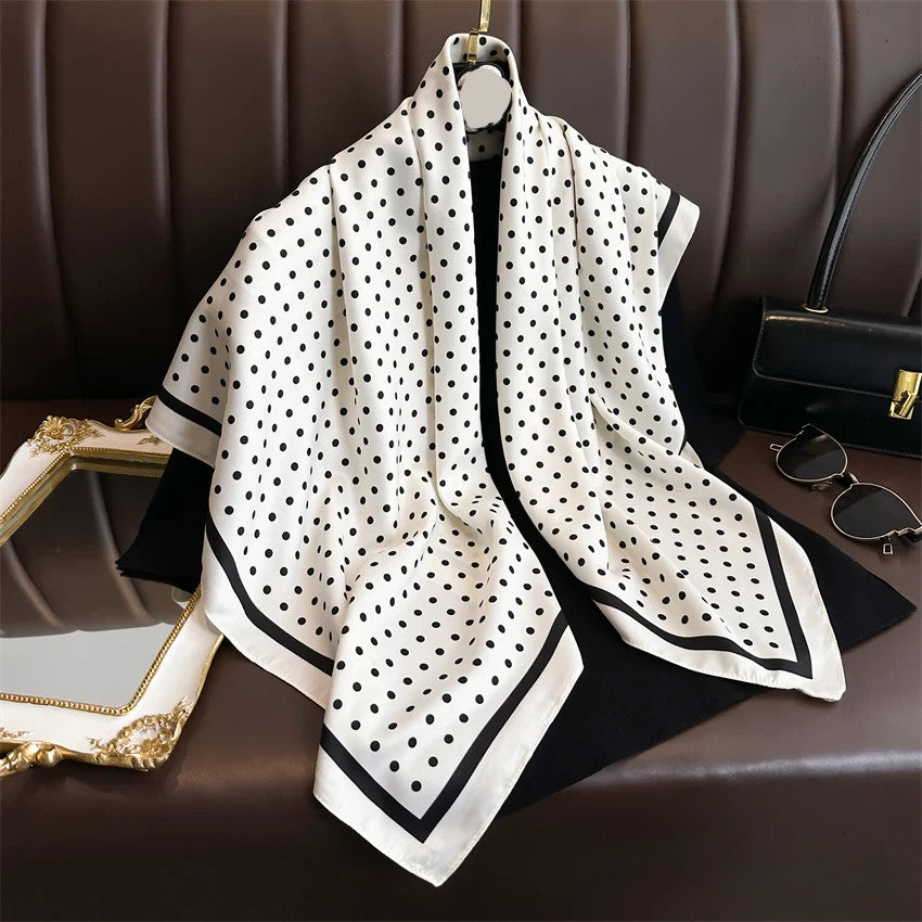 Women’s 35 Inch Silky Feel Square Polka Dot Scarf  Print  Wrap Black & White