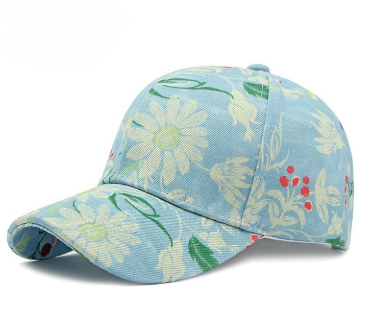 Floral Daisy Baseball Cap Light Blue Denim Style Cotton Hat Women's Summer