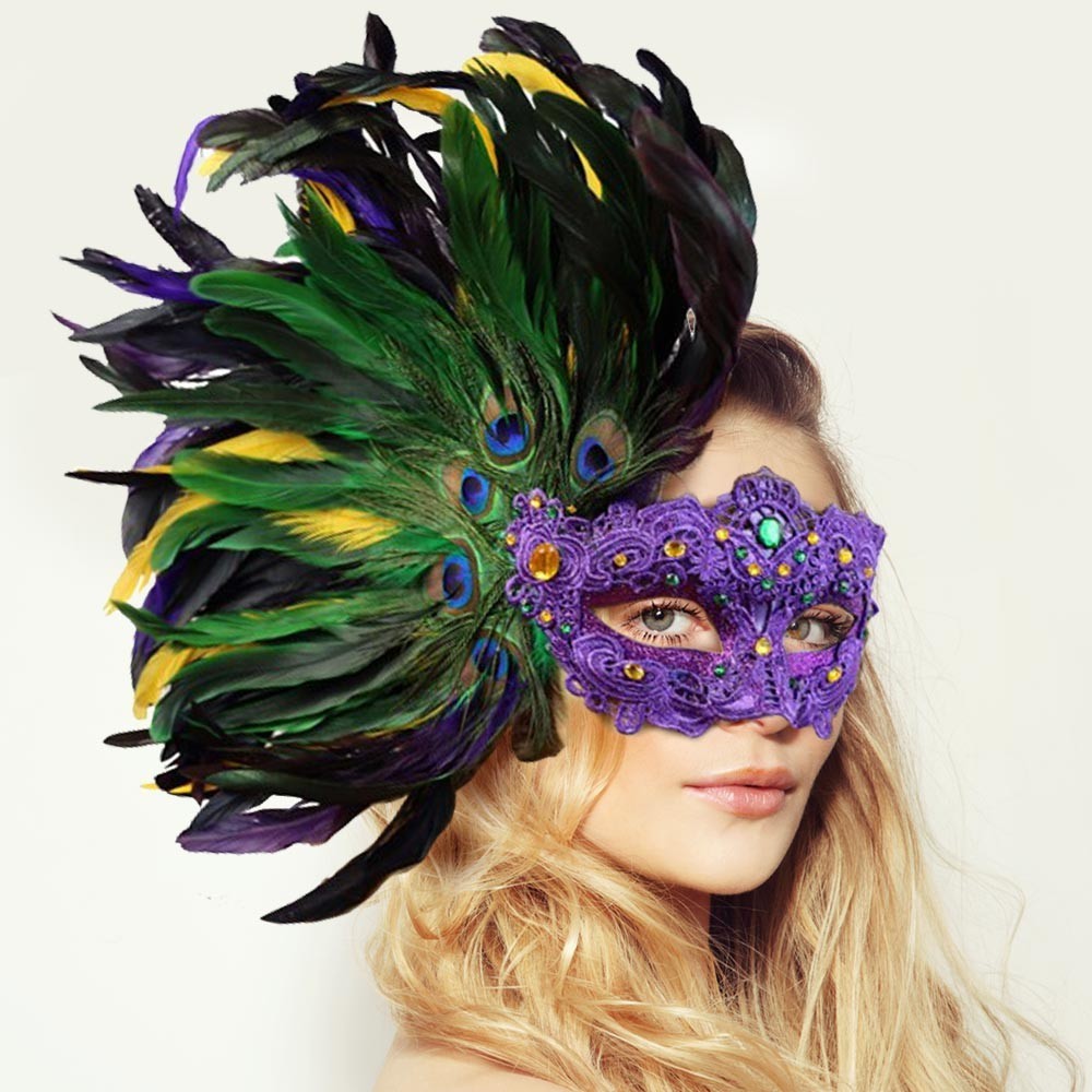 One Size Mardi Gras Lace Masquerade Venetian Party Feather Mask for Women Multi