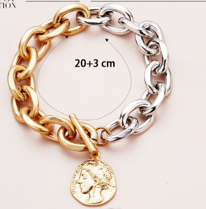 Mixed Metal Gold Silver Chunky Chain Bracelet Coin Pendant Toggle Clasp