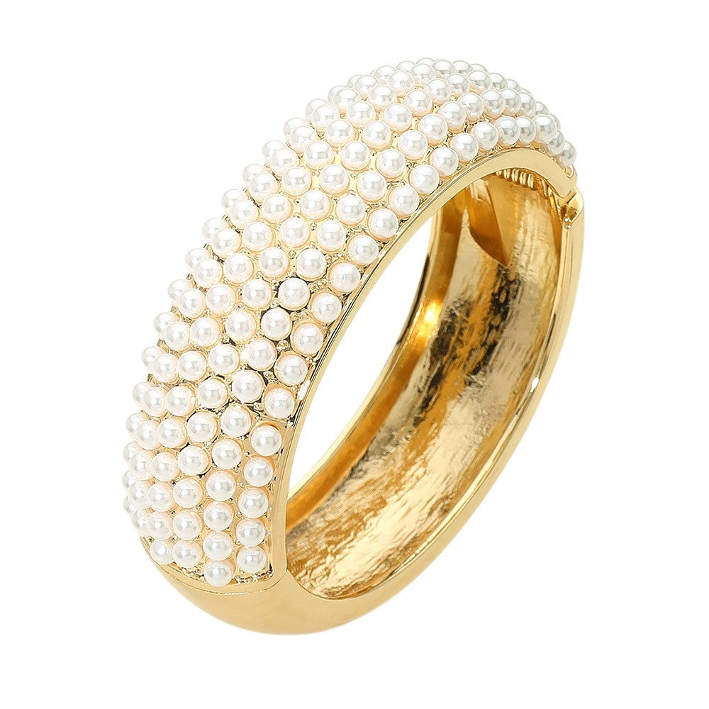 Elegant Gold Faux Pearl Pave Wide Hinged Bangle Statement Cuff Bracelet