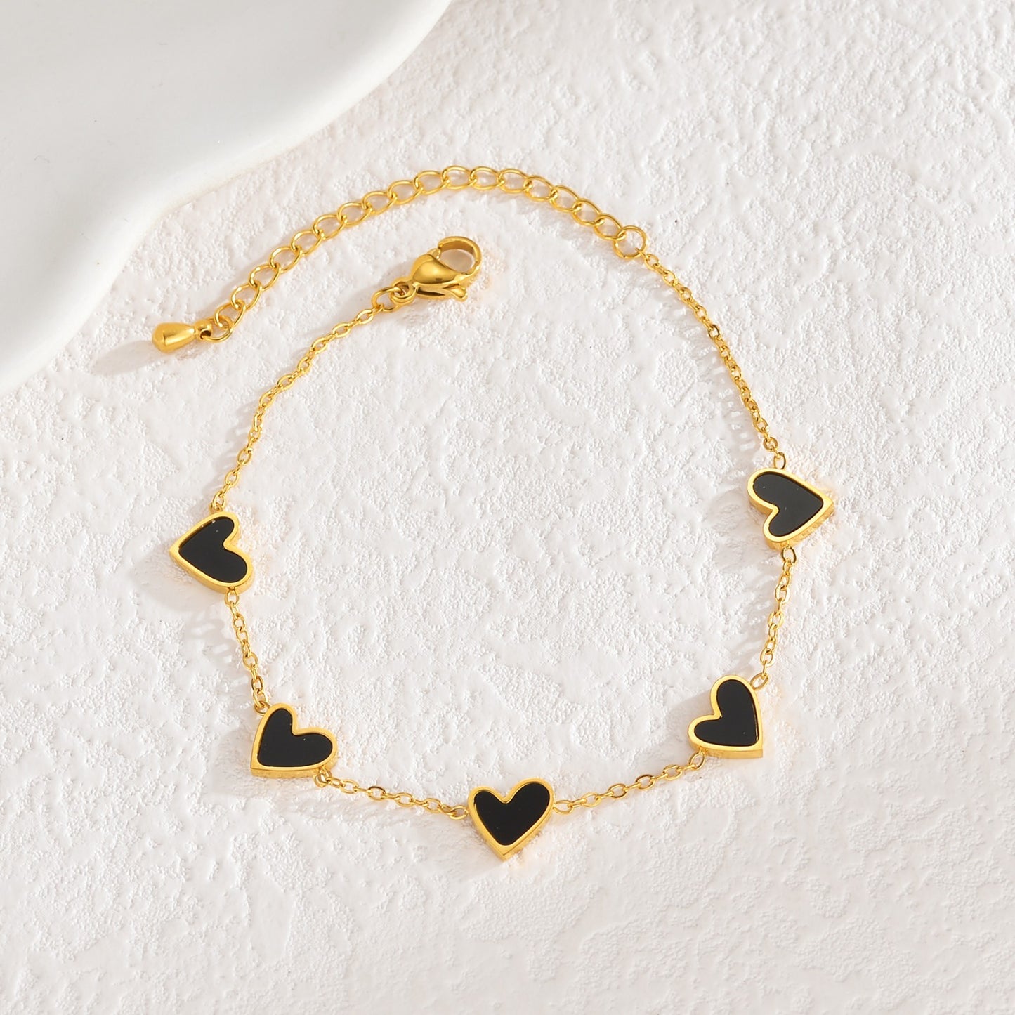 Dainty 2 Pcs Gold Heart Station Bracelet Set Black White Adjustable Chain