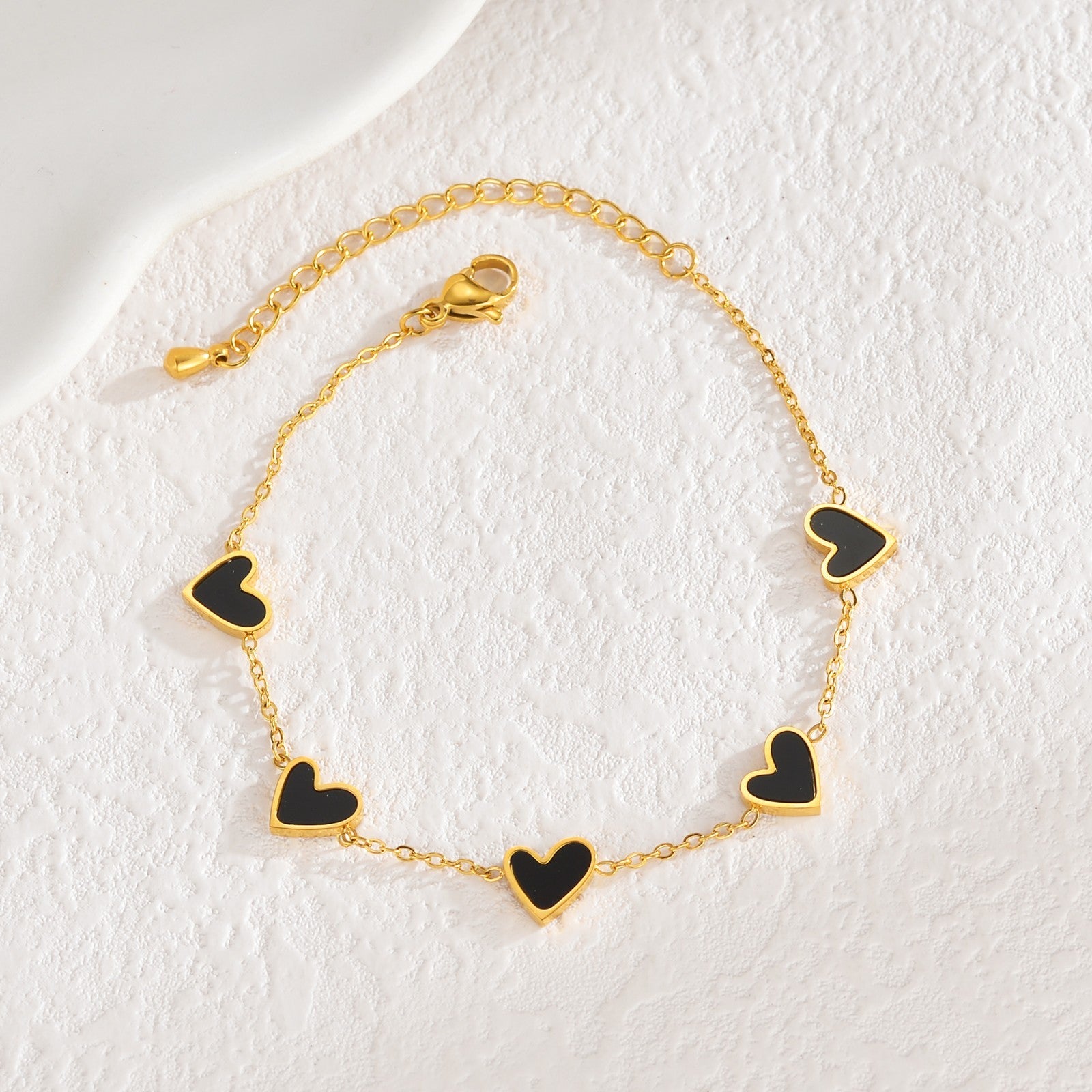 Dainty 2 Pcs Gold Heart Station Bracelet Set Black White Adjustable Chain