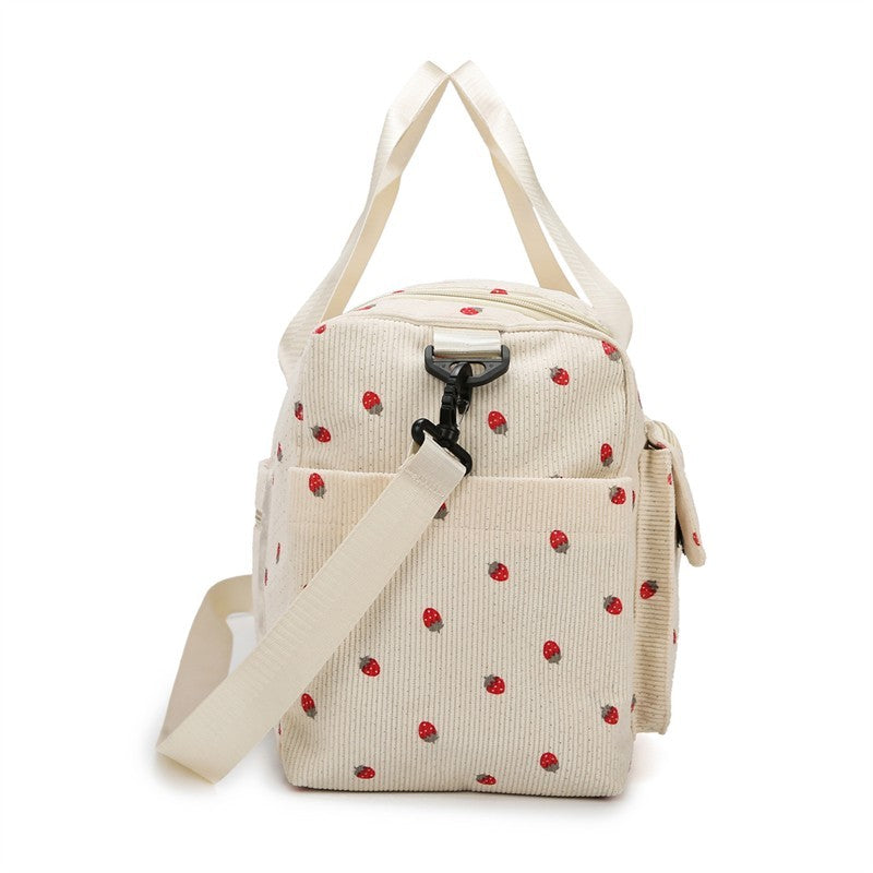 Strawberry Corduroy Travel Duffel Bag Shoe Compartment Trolley Sleeve