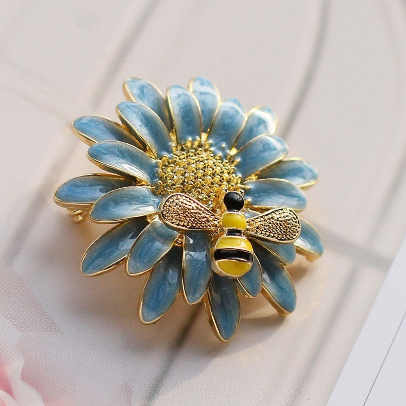 2pcs Bee Flower Brooch Set Enamel Daisy Pin Blue Grey Floral Jewelry Gift