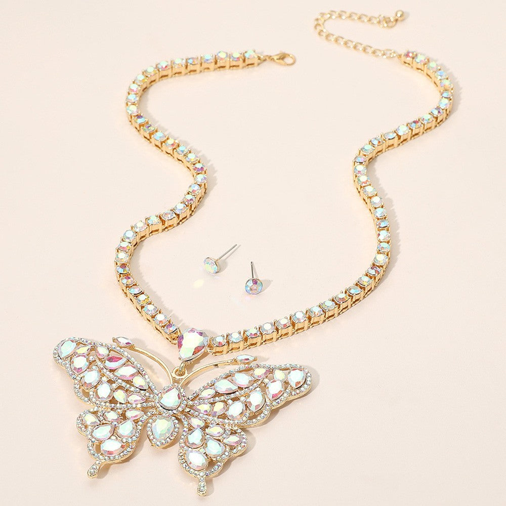 2PCs Rhinestone Butterfly Necklace Stud Earrings Set Gold Red & Iridescent