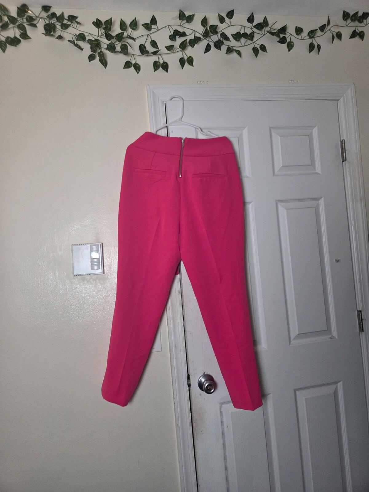 Hot Pink Self-Belted High Waist Tapered Pants for Women Slim Fit Office Trousers