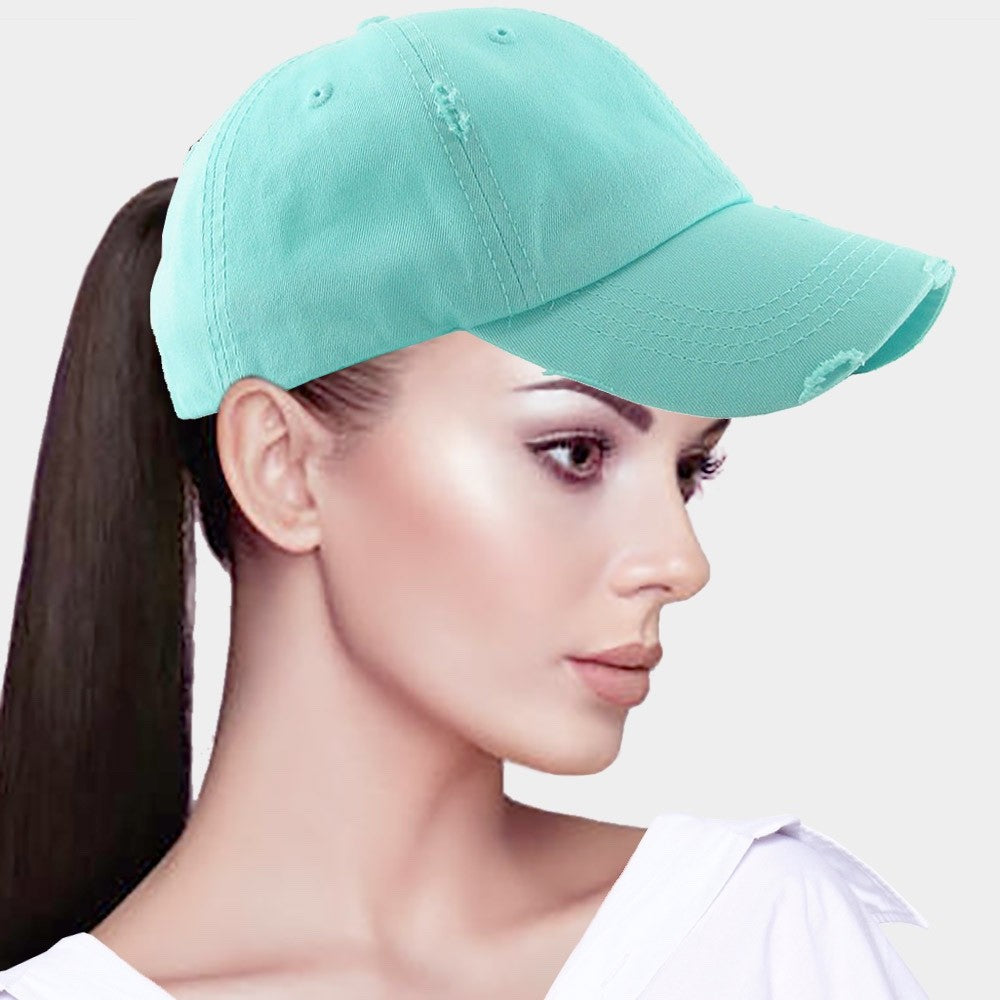 Women Distressed Teal Cotton Baseball Cap Adjustable Ponytail Mesh Back Hat