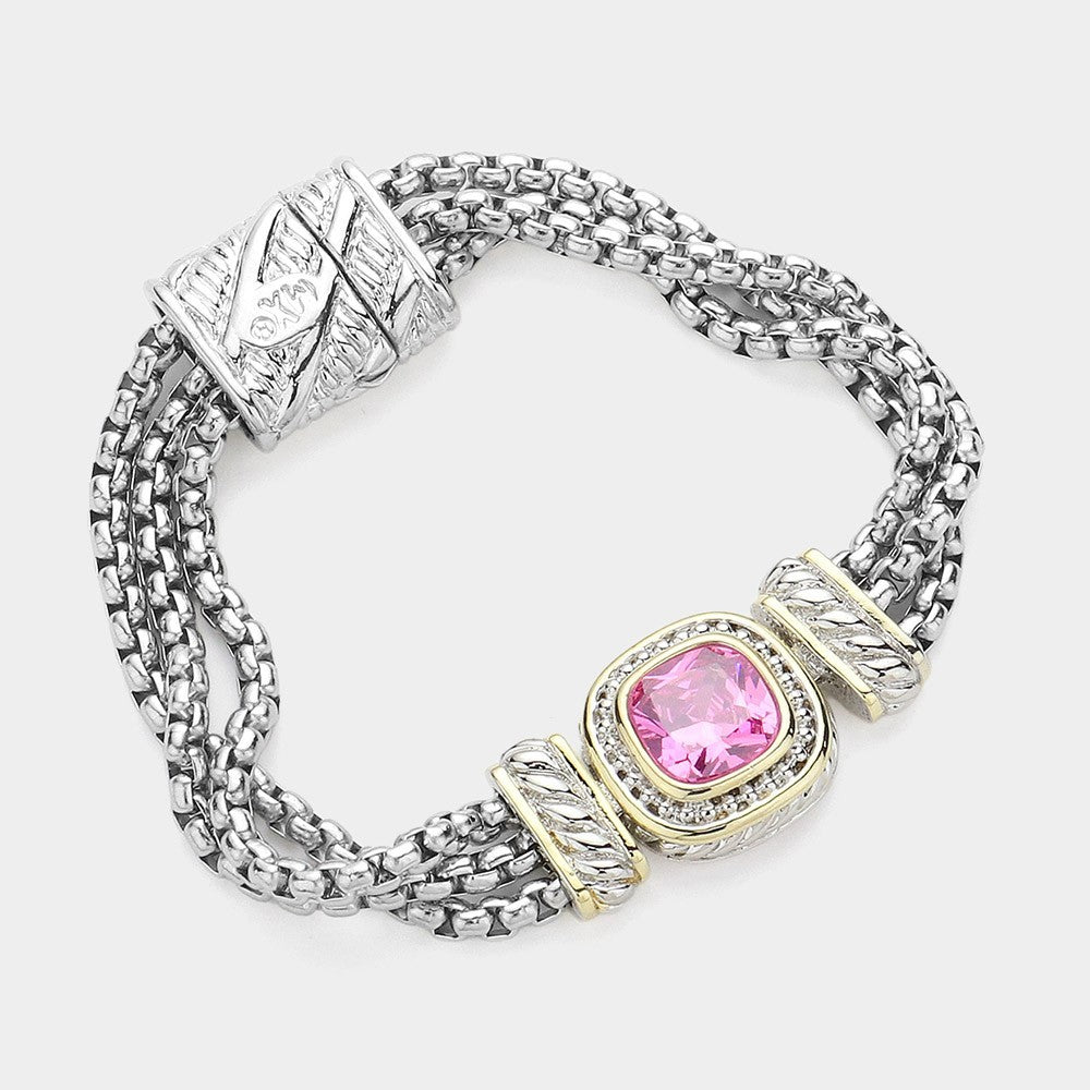 Silver Tone Magnetic Bracelet with Pink Square CZ Stone and Woven Chain Design