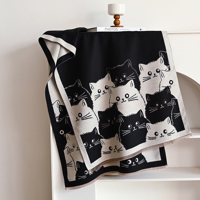 Black & White Cat Print Oversized Shawl Scarf Wrap Acrylic Knit Fringed Warm