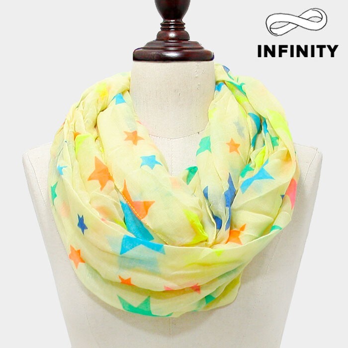 Neon Star Print Infinity Scarf Red Lightweight Viscose Loop Fashion Wrap Yellow