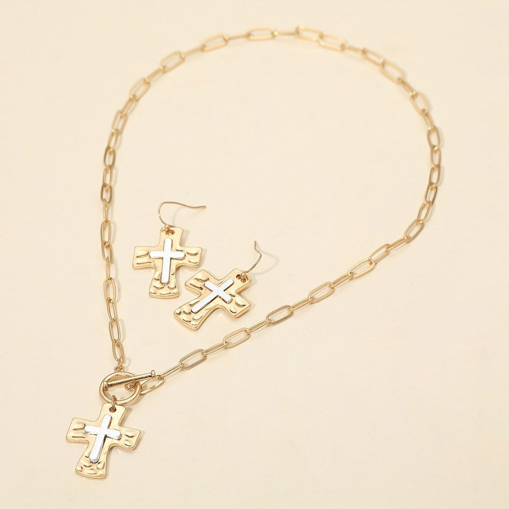 2pcs Hammered Cross Pendant Paperclip Chain Necklace Dangle Earrings Set 18.5"
