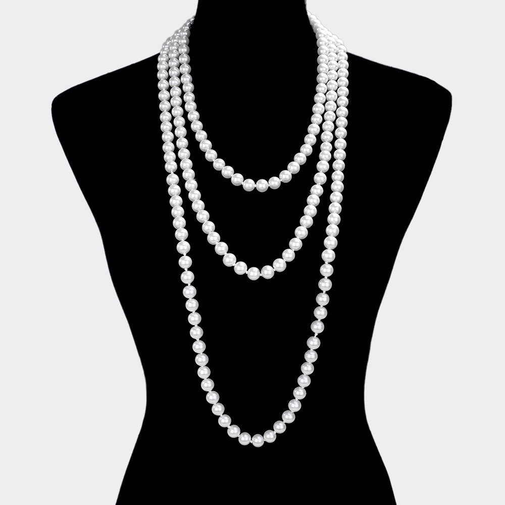 Elegant Extra Long Multi-Layer Faux White Pearl Strand Wrap Statement Necklace