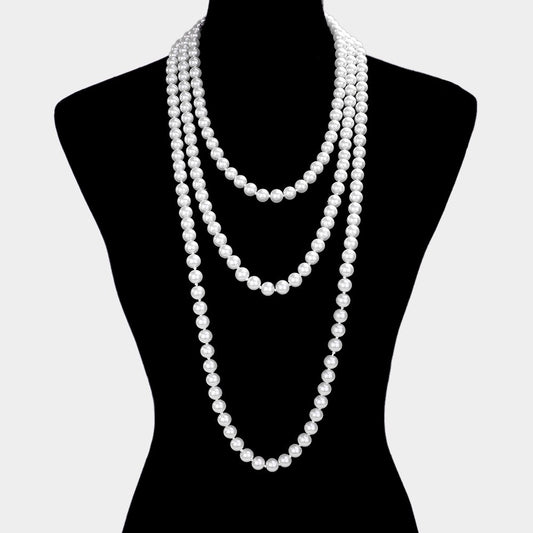 Elegant Extra Long Multi-Layer Faux White Pearl Strand Wrap Statement Necklace