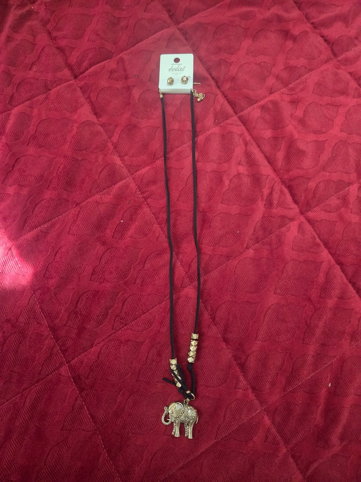 Long Bohemian Elephant Pendant Necklace & Stud Earrings Set Black Cord