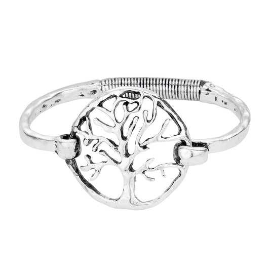 Hammered Metal Tree of Life Hook Bracelet Spiritual Fashion Jewelry for Women