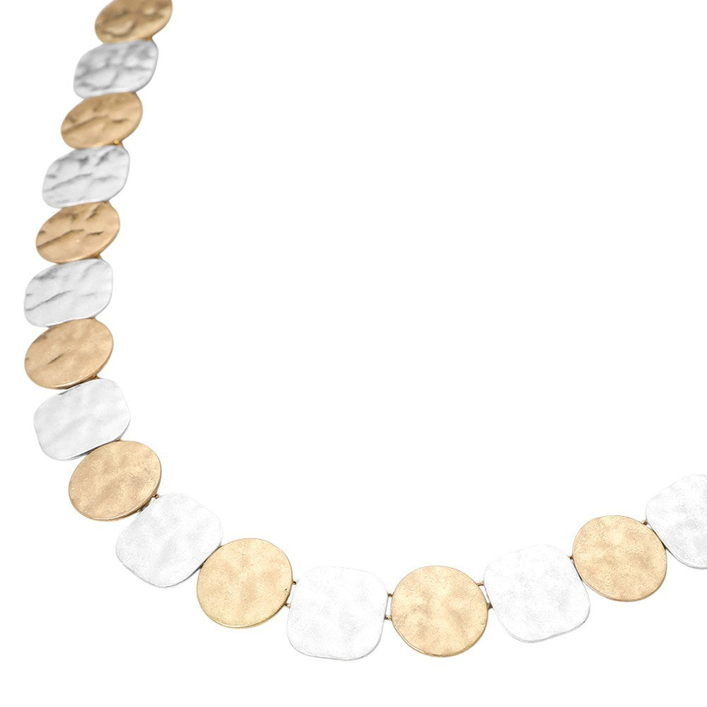 Two-Tone Hammered Disc Choker Necklace Gold & Silver Tone Collar Jewelry