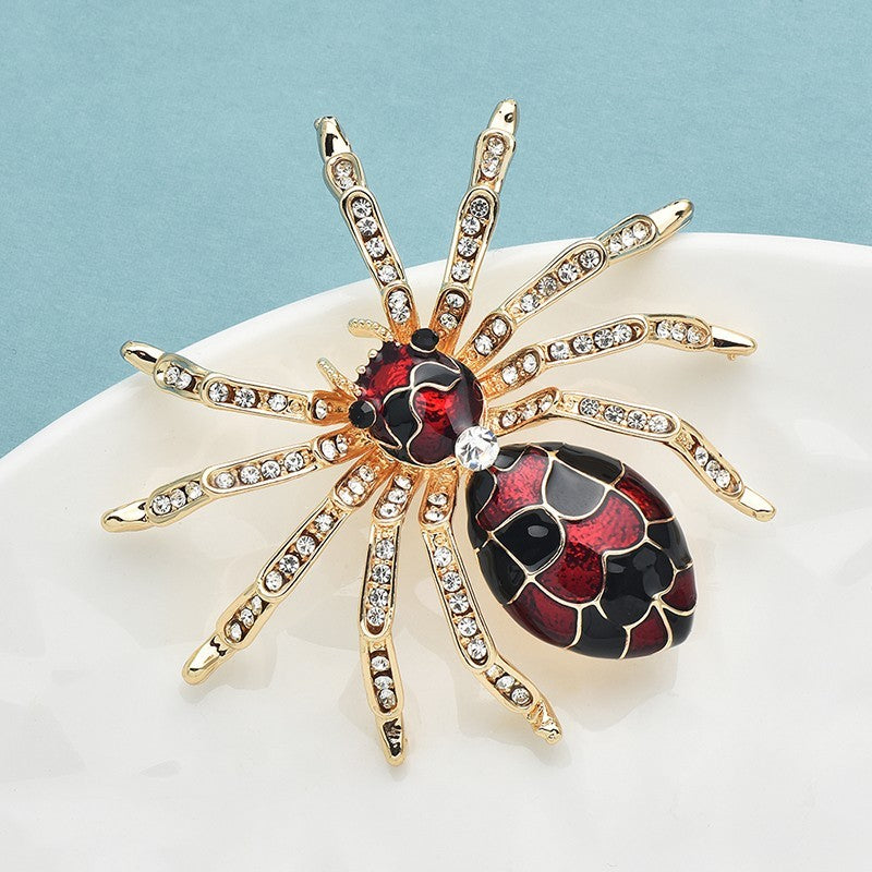 Red Black Enamel Rhinestone Spider Brooch Pin Gold Tone Statement Gothic Jewelry