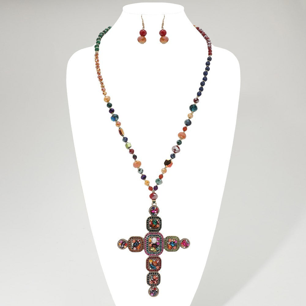 Stone Pearl Embellished Cluster Cross Pendant Faceted Beaded Long Necklace