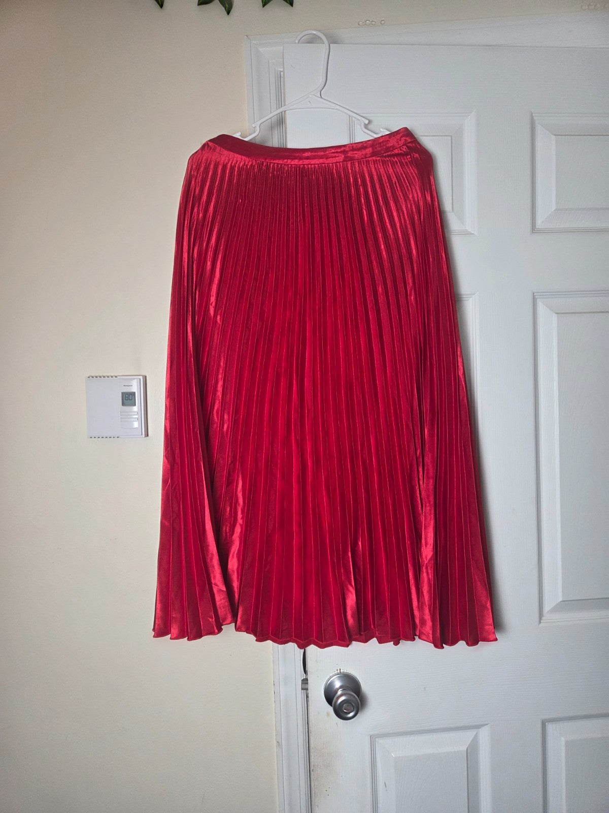 Bright Red Satin Pleated Midi Skirt for Women Elegant Flowing Skirt for Ladies