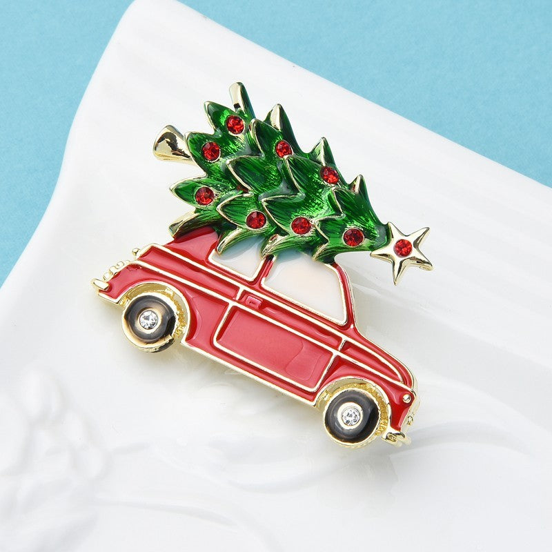 Vintage Style Red Truck Christmas Tree Brooch Rhinestone Holiday Enamel Pin
