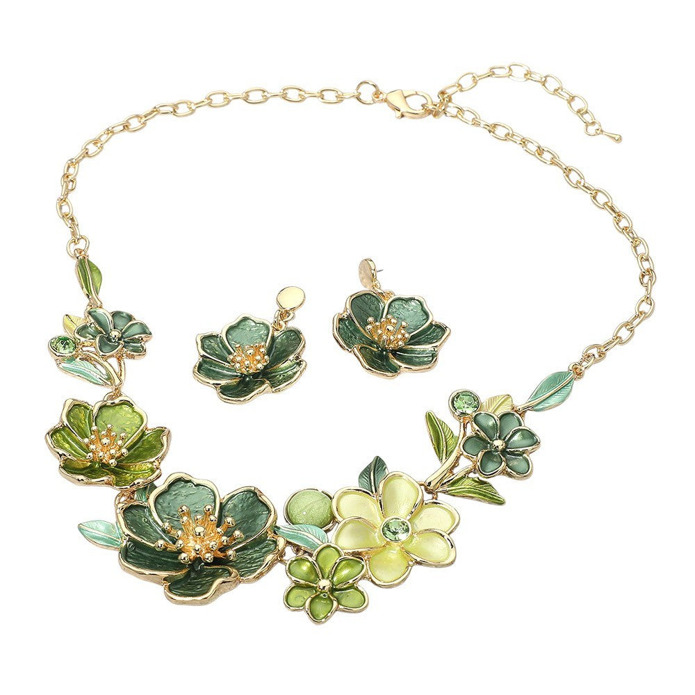 Green Enamel Flower Floral Statement Necklace Earrings Set Fashion Jewelry