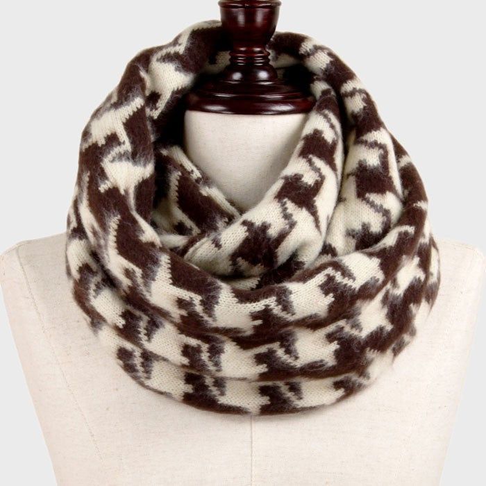 2-in-1 Houndstooth Infinity Scarf Bundle Navy Gray & Brown Beige Winter Wrap