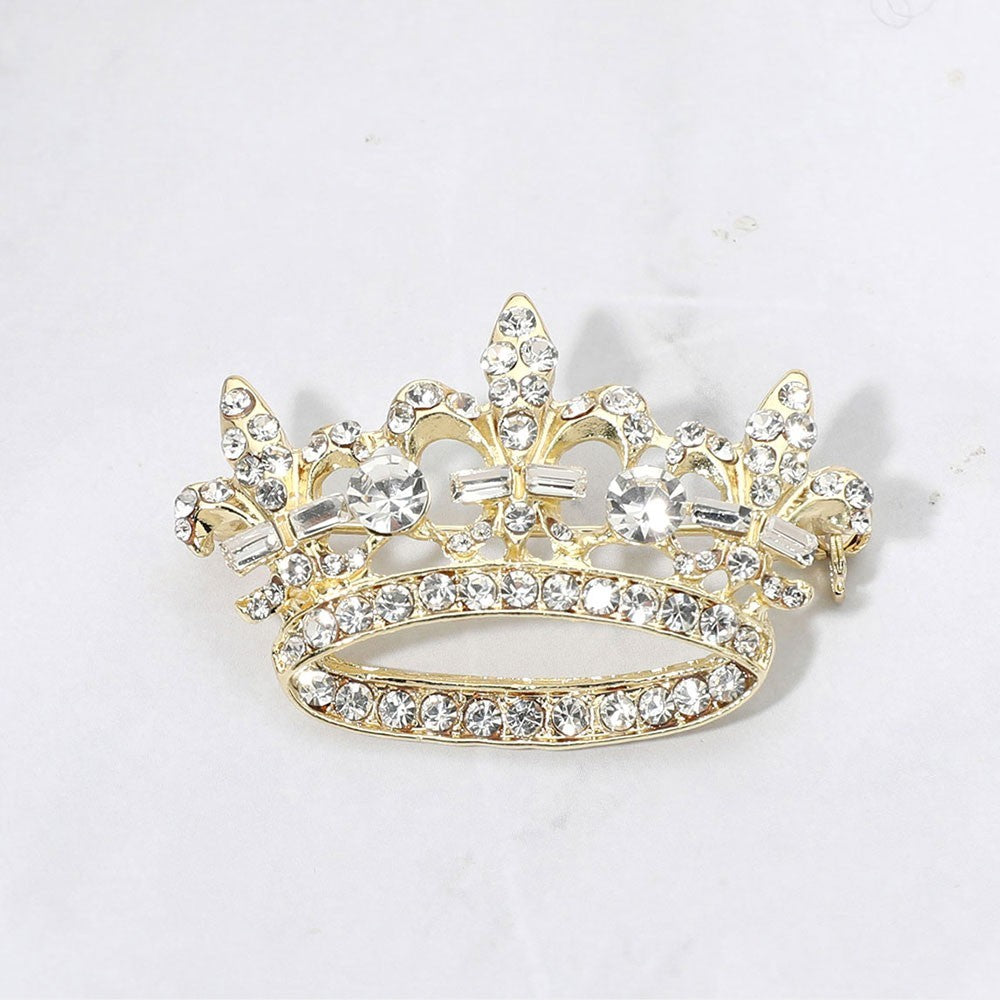 2pcs Rhinestone Crown Brooch Pin Set Gold and Silver Tone Fleur De Lis Royal