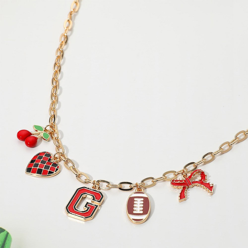 Football Theme Bow Cherry Heart Charm Station Necklace for Women Girls Jewelry