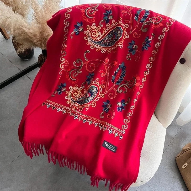 3pcs Embroidered Cashmere Pashmina Shawl Scarf Set Black Cream Red