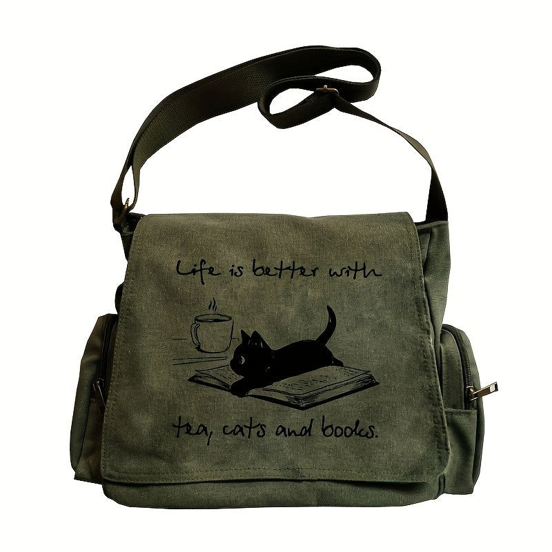 Green Canvas Messenger Bag Cat Tea Books Crossbody School Satchel Travel Tote