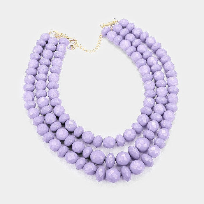 Triple Strand Beaded Bib Necklace Lavender Statement Layered Chunky Jewelry