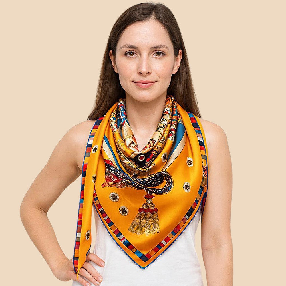 Elegant Satin Feel Square Scarf Geometric Paisley Print Fashion Wrap 51x51