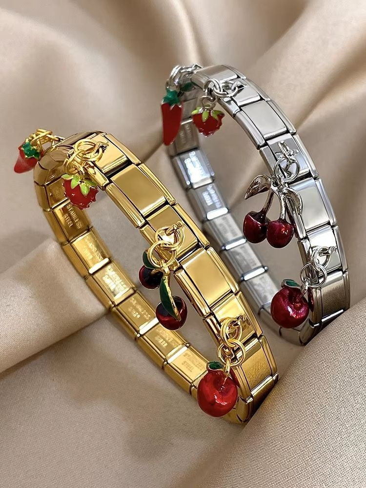 2pcs 9mm Fruit Modular Charm Links Stainless Steel Gold Silver Fits Bracelet