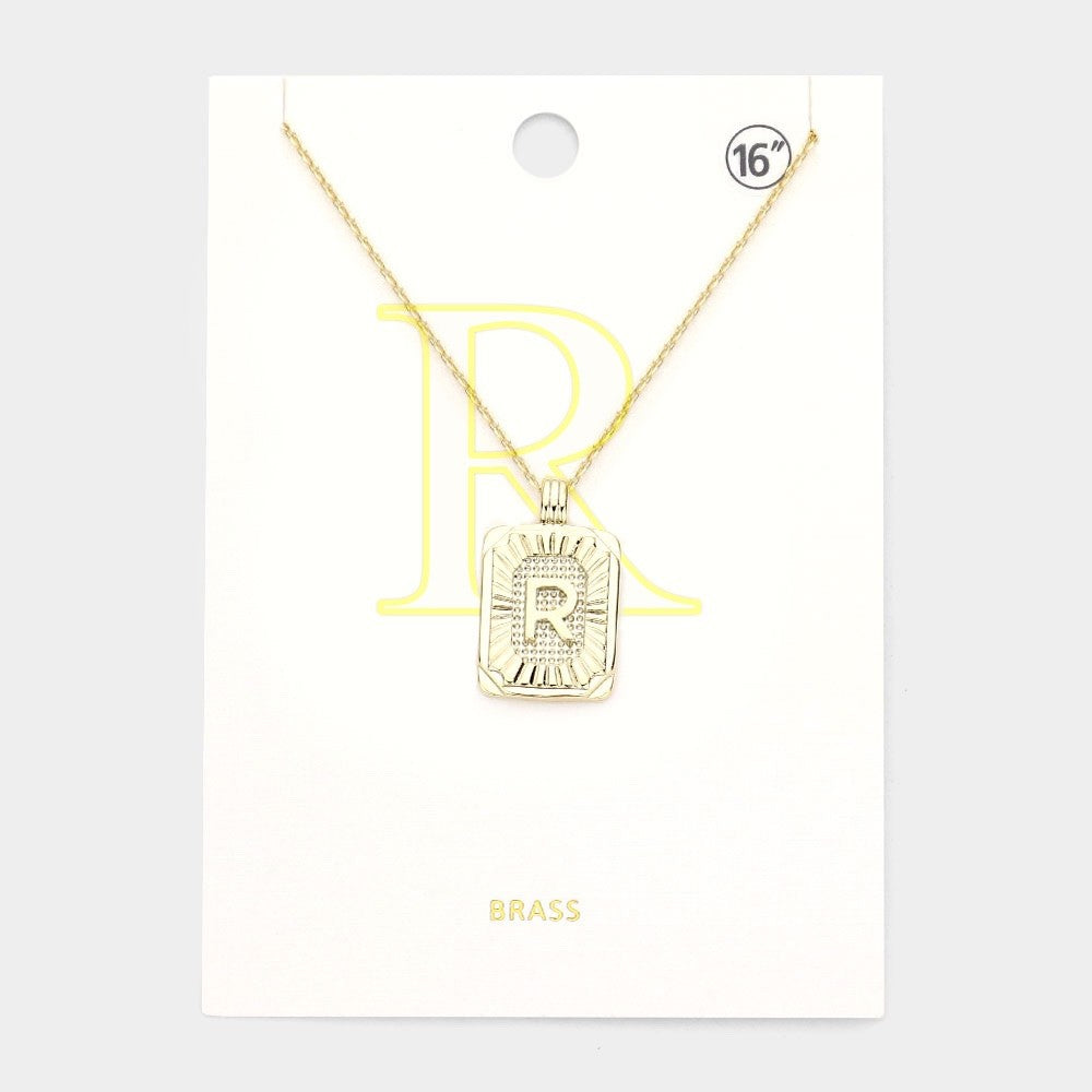 Gold Initial "R" Rectangular Sunburst Pendant Necklace - Brass Fashion Jewelry